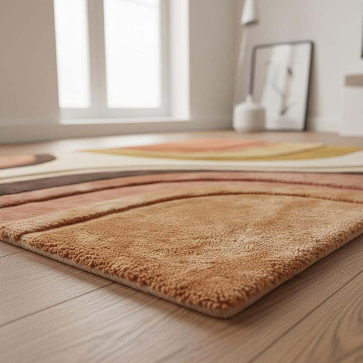 Translation missing: en.Mid Century Modern Abstract Area Rug, Hand Tufted Plush Retro Living Room Rug in Terracotta Mustard Cream, Geometric Home Decor