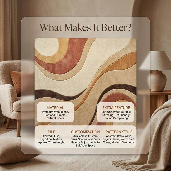 Translation missing: en.Mid Century Modern Abstract Area Rug, Hand Tufted Plush Wool Rug, Retro Neutral Living Room Carpet, Curved Pattern Designer Rug