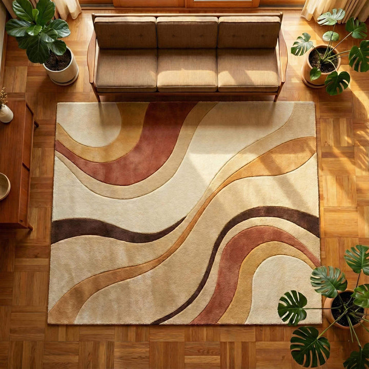 Translation missing: en.Mid century modern abstract hand tufted plush wool area rug with neutral curved pattern