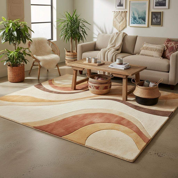 Translation missing: en.Modern living room featuring a hand tufted abstract rug placed under a sofa, creating a warm mid century inspired interior with neutral tones