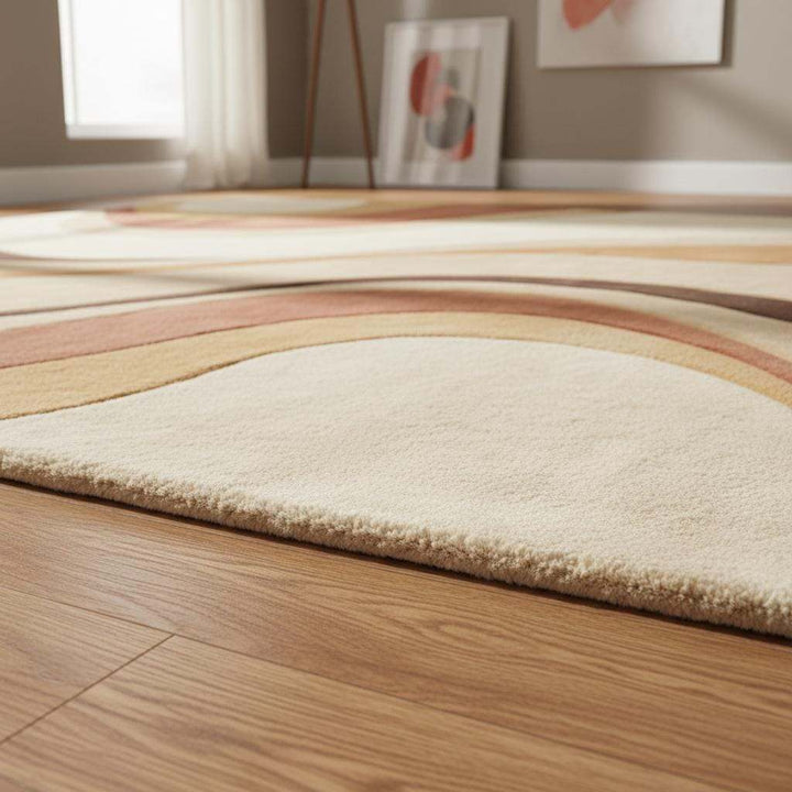 Translation missing: en.Mid Century Modern Abstract Area Rug, Hand Tufted Plush Wool Rug, Retro Neutral Living Room Carpet, Curved Pattern Designer Rug