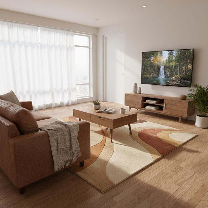 Translation missing: en.Mid Century Modern Abstract Area Rug, Hand Tufted Plush Wool Rug, Retro Neutral Living Room Carpet, Curved Pattern Designer Rug