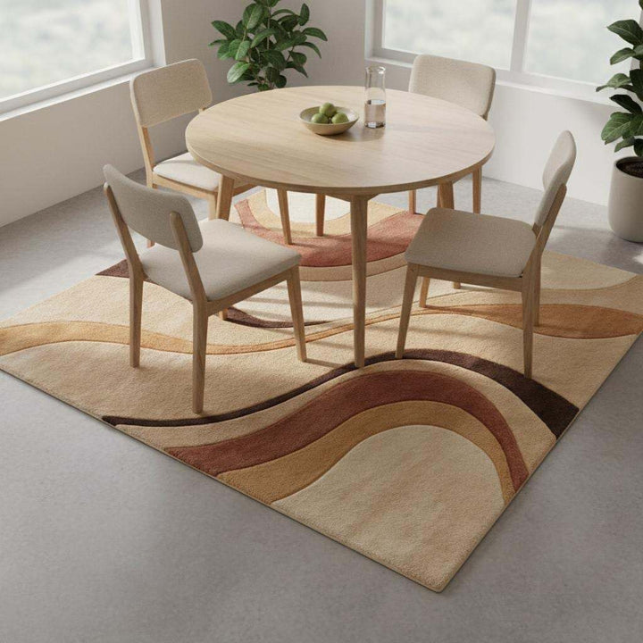 Translation missing: en.Mid Century Modern Abstract Area Rug, Hand Tufted Plush Wool Rug, Retro Neutral Living Room Carpet, Curved Pattern Designer Rug