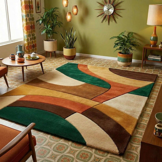 Translation missing: es.Mid century modern abstract retro area rug with warm earthy tones and flowing curves