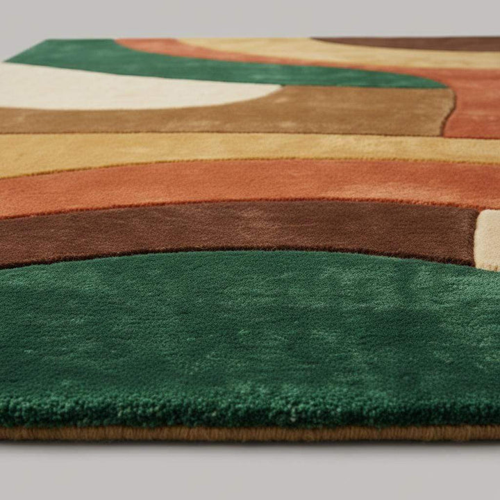 Translation missing: en.Close-up of hand-tufted rug showing dense plush cut-pile texture, soft fibers, clean carved edges, and smooth color transitions in a retro abstract pattern