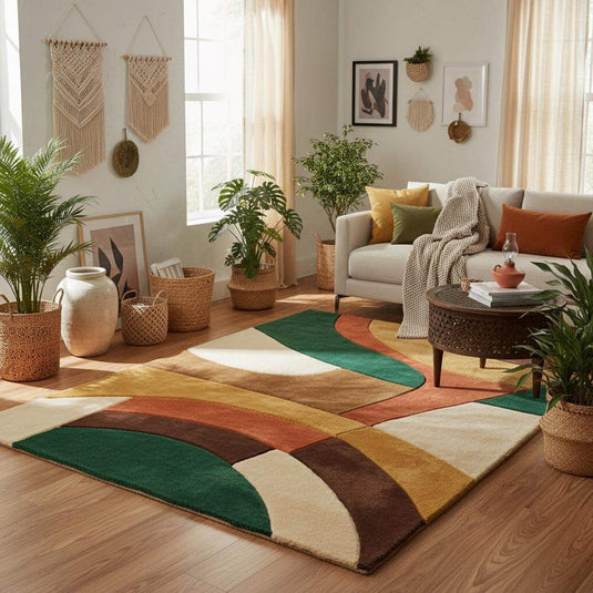 Translation missing: es.Geometric curved pattern detail of a mid century inspired rug with layered color blocks and flowing abstract shapes