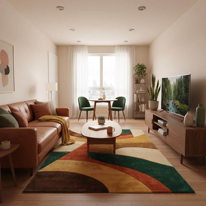 Translation missing: en.Warm color palette rug featuring olive green, rust orange, mustard yellow, brown, and cream tones in a balanced abstract layout