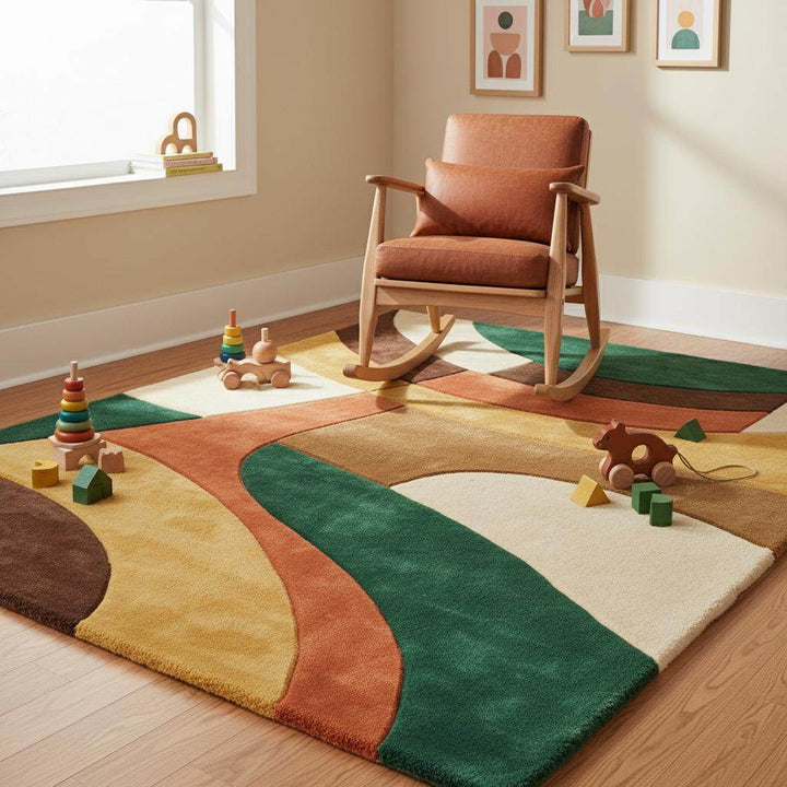 Translation missing: en.Hand-tufted artisan area rug showcasing plush pile height and handcrafted detailing suitable for modern and retro interiors