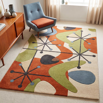 Translation missing: es.Hand tufted mid century modern wool rug with abstract geometric atomic pattern in a contemporary living room __etsy:8048433223