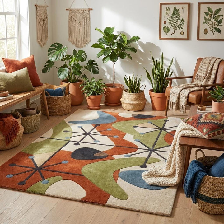 Translation missing: es.Retro inspired geometric wool rug with atomic starburst motifs for living room, office, or creative studio decor __etsy:8000502816