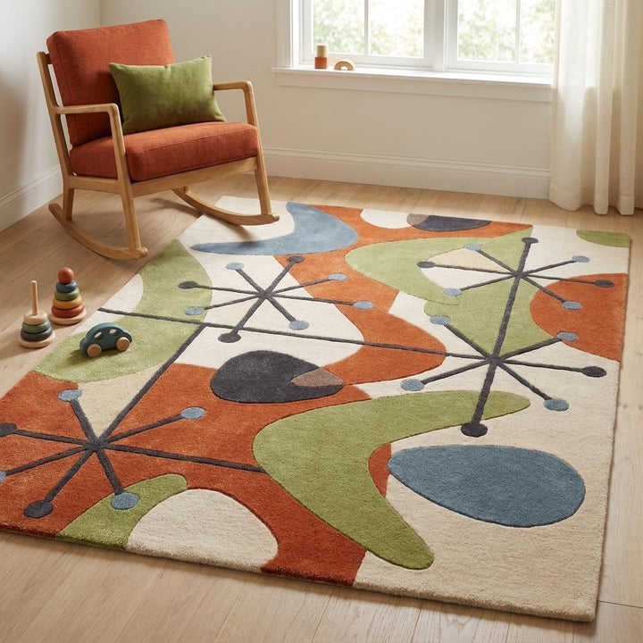 Translation missing: es.Large hand tufted abstract area rug with artistic geometric pattern styled in a bright Scandinavian modern room __etsy:8048433225