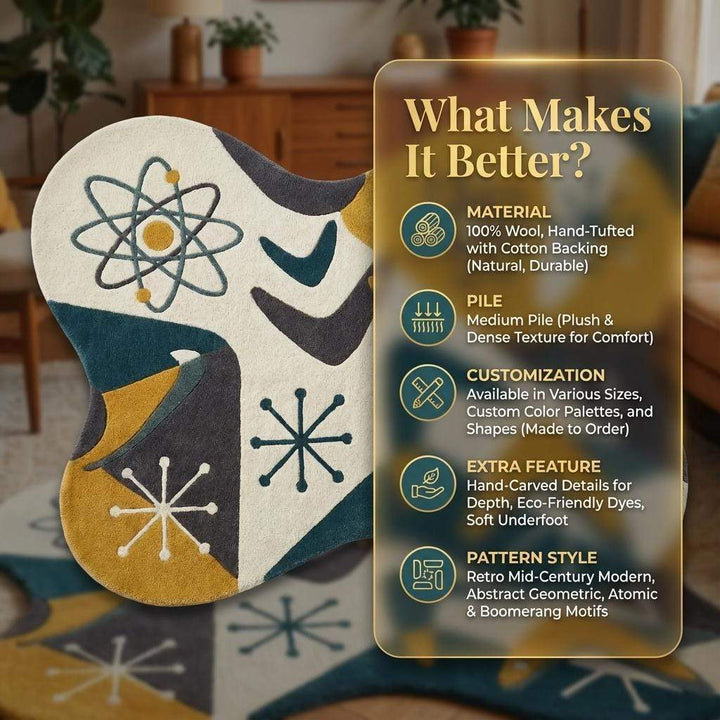 Translation missing: es.Mid Century Modern Abstract Rug, Irregular Shape Hand Tufted Wool Rug, Atomic Retro Area Rug, 1950s Modern Art Carpet, Living Room Decor