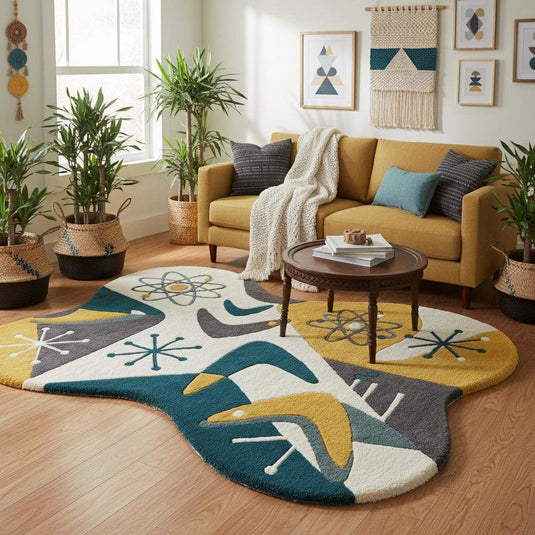 Translation missing: es.Abstract mid century modern area rug featuring atomic motifs and sculptural shape, perfect living room centerpiece