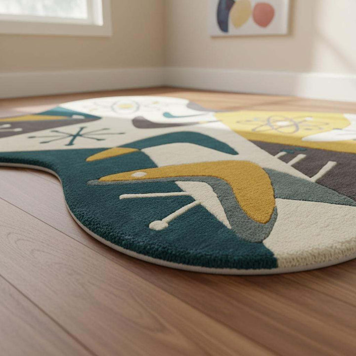Translation missing: es.Mid Century Modern Abstract Rug, Irregular Shape Hand Tufted Wool Rug, Atomic Retro Area Rug, 1950s Modern Art Carpet, Living Room Decor