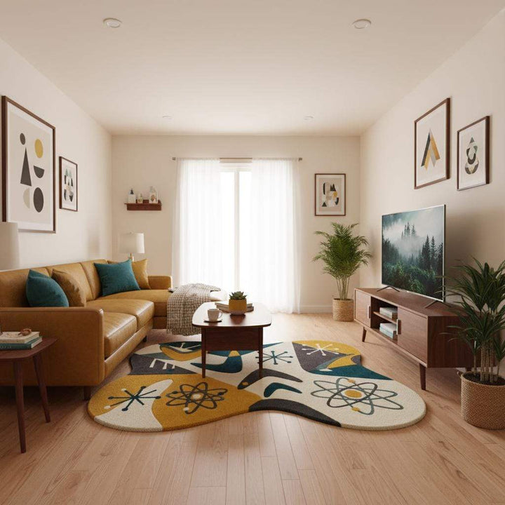 Translation missing: es.Retro modern wool rug with bold geometric curves and 1950s atomic design, handmade statement carpet