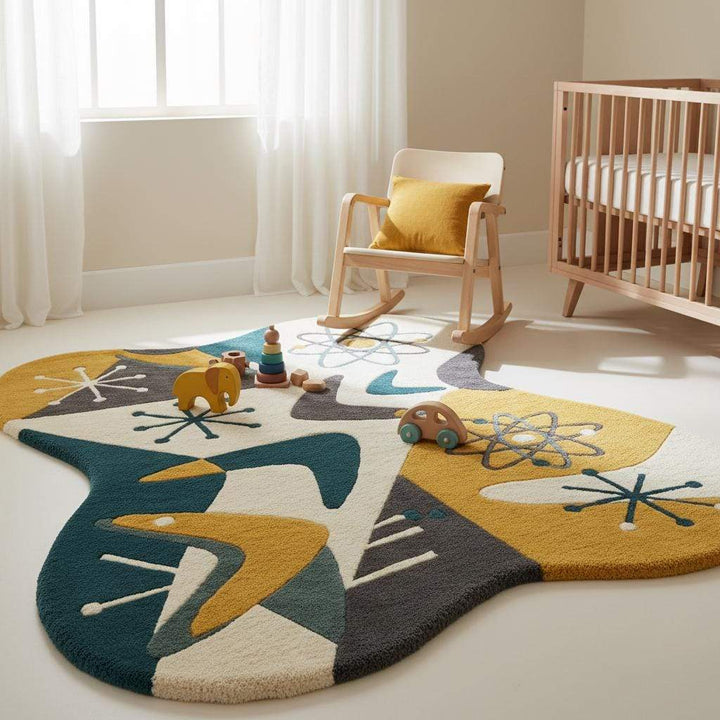 Translation missing: es.Mid Century Modern Abstract Rug, Irregular Shape Hand Tufted Wool Rug, Atomic Retro Area Rug, 1950s Modern Art Carpet, Living Room Decor