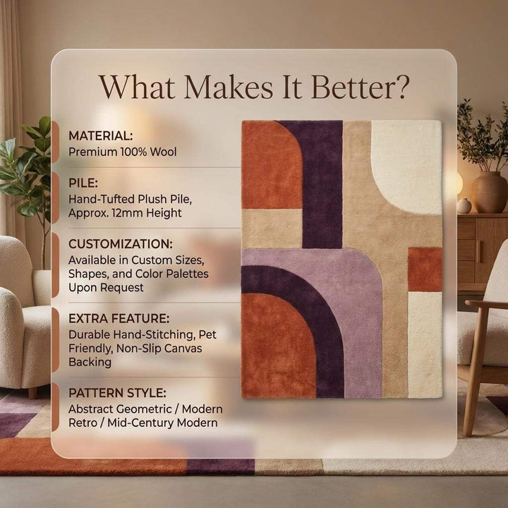 Translation missing: en.Mid Century Modern Abstract Rug, Retro Geometric Wool Area Rug, High Pile Sculpted Handmade Living Room Statement Carpet