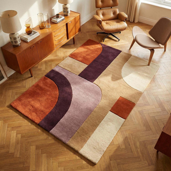 Translation missing: en.Mid century modern abstract rug with retro geometric curves and high pile wool texture