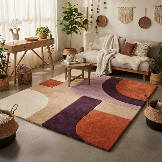 Translation missing: es.Modern abstract living room rug with carved wool pile, geometric retro design, handmade luxury statement carpet for stylish homes