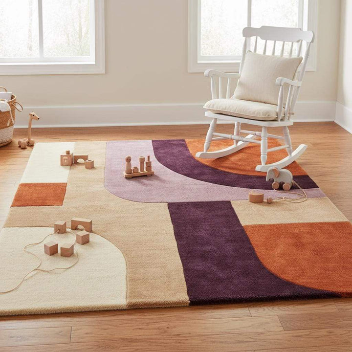 Translation missing: en.High pile sculpted wool rug with mid century modern aesthetic, warm neutral and terracotta tones, handmade abstract area rug