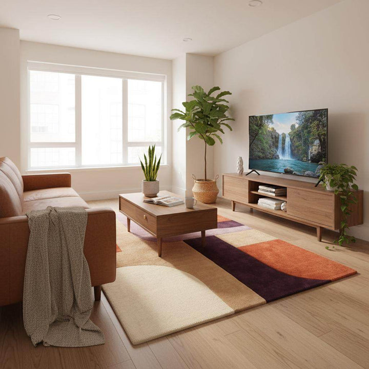 Translation missing: en.Retro geometric area rug with soft high pile wool, modern abstract design inspired by mid century art, perfect living room decor