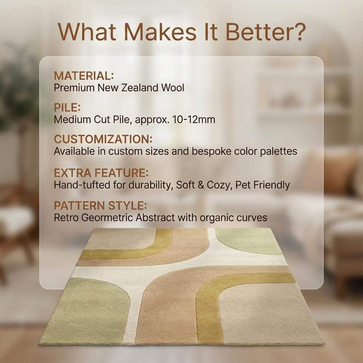 Translation missing: en.Mid Century Modern Abstract Rug, Retro Geometric Wool Area Rug, Neutral Curved Shape Scandinavian Living Room Carpet