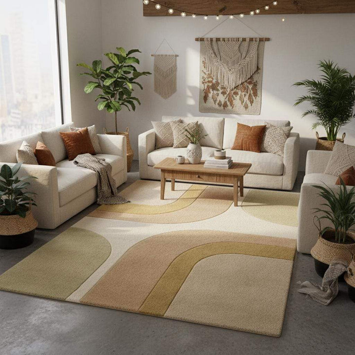 Translation missing: en.Hand tufted modern area rug with minimalist 70s inspired abstract design and plush wool texture