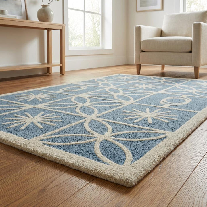 Translation missing: en.Mid Century Modern Blue Area Rug, Scandinavian Geometric Cream Pattern Rug, Retro Starburst Living Room Carpet, Soft Nursery Rug Decor