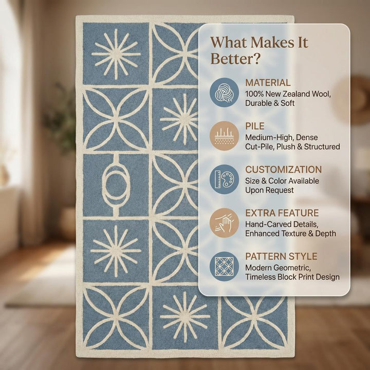 Translation missing: en.Mid Century Modern Blue Area Rug, Scandinavian Geometric Cream Pattern Rug, Retro Starburst Living Room Carpet, Soft Nursery Rug Decor