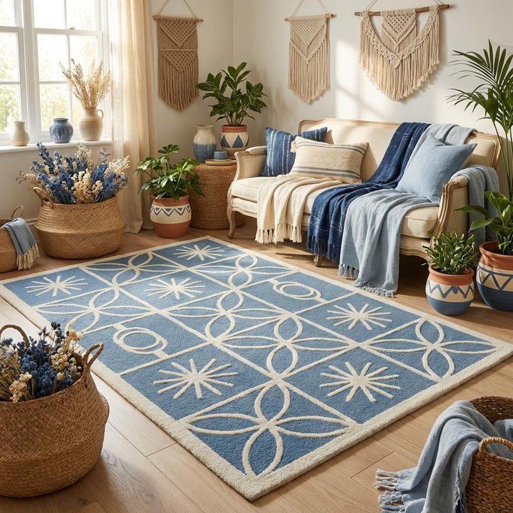 Translation missing: en.Blue mid century geometric rug placed in modern living room with wooden furniture, creating cozy Scandinavian-inspired décor atmosphere