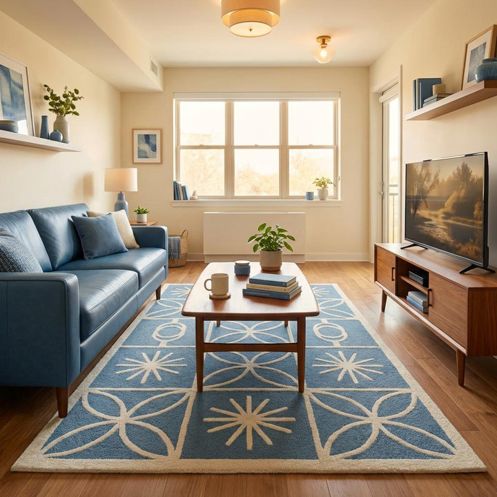 Translation missing: en.Mid Century Modern Blue Area Rug, Scandinavian Geometric Cream Pattern Rug, Retro Starburst Living Room Carpet, Soft Nursery Rug Decor