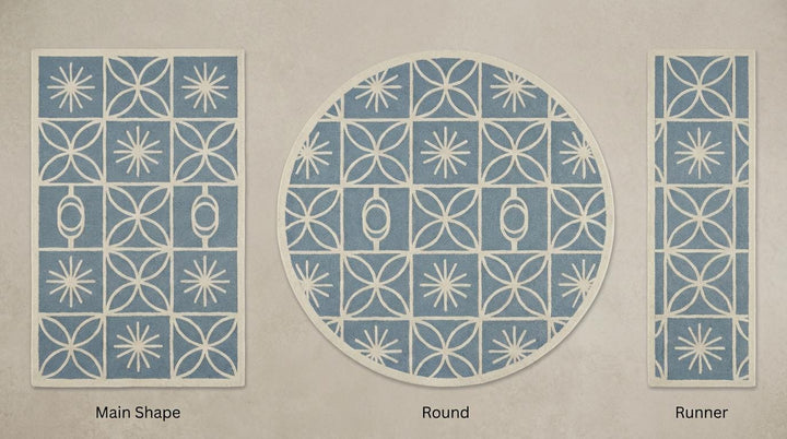 Translation missing: en.Mid Century Modern Blue Area Rug, Scandinavian Geometric Cream Pattern Rug, Retro Starburst Living Room Carpet, Soft Nursery Rug Decor