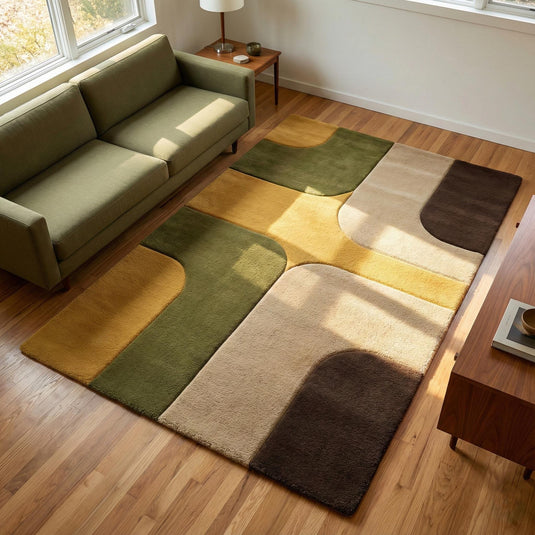 Translation missing: es.Mid Century Modern Geometric Area Rug with retro color block design in olive green, mustard, beige, and brown for stylish living rooms