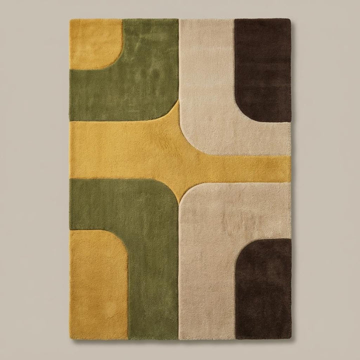 Translation missing: en.Abstract geometric rug featuring rounded color block shapes and clean transitions inspired by mid century modern design