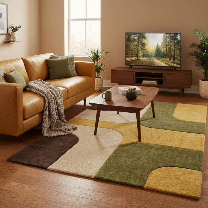 Translation missing: es.Retro modern geometric rug placed in living room beside sofa, adding warmth, color balance, and mid century style to the space