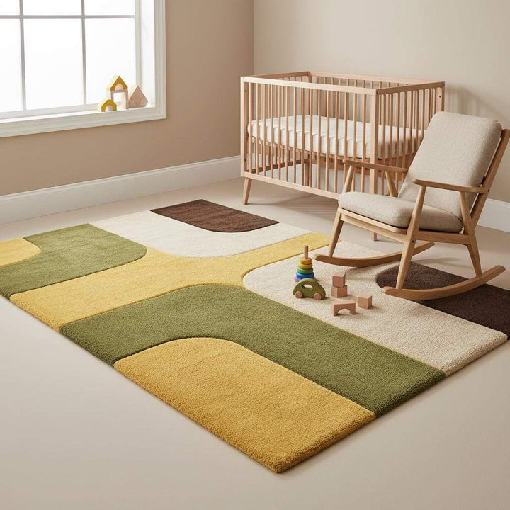 Translation missing: es.Color block area rug highlighting olive green, mustard yellow, warm beige, and deep brown tones in a balanced modern palette