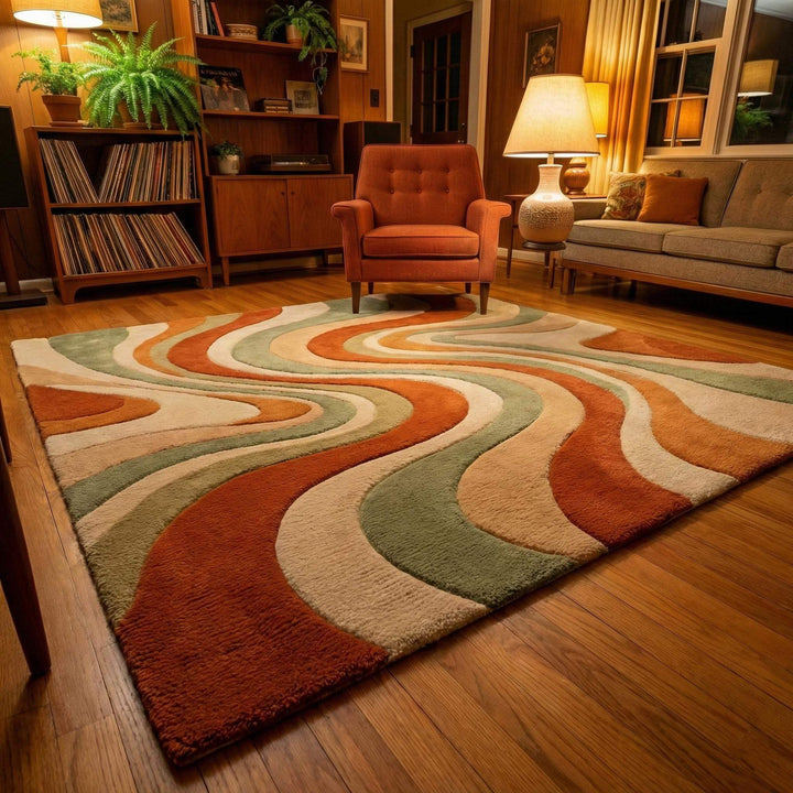 Translation missing: es.Mid century modern retro wavy wool rug with abstract 1970s design in rust, sage, cream, and beige tones for living room decor