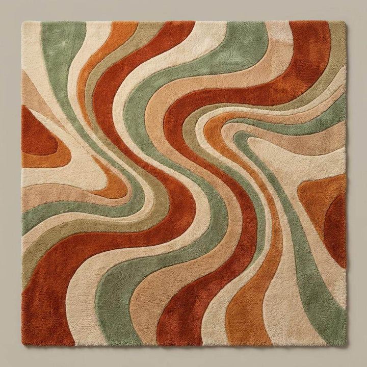 Translation missing: es.Retro abstract area rug featuring flowing wavy patterns in warm earth tones, perfect for mid century modern interiors