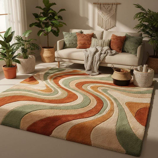 Translation missing: es.Hand tufted wool rug with 1970s inspired wavy design, ideal statement rug for modern living room
