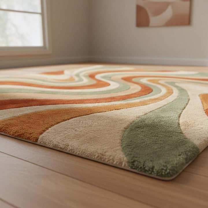 Translation missing: es.Modern retro living room rug showcasing artistic wavy pattern and soft tufted wool texture