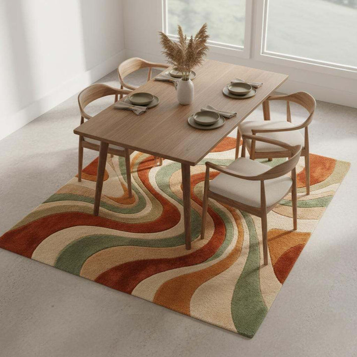 Translation missing: es.Abstract retro wool rug with curved lines in orange, green and cream colors, mid century home décor