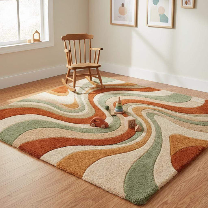 Translation missing: es.Mid century inspired abstract rug with flowing curves and warm vintage color palette for stylish interiors