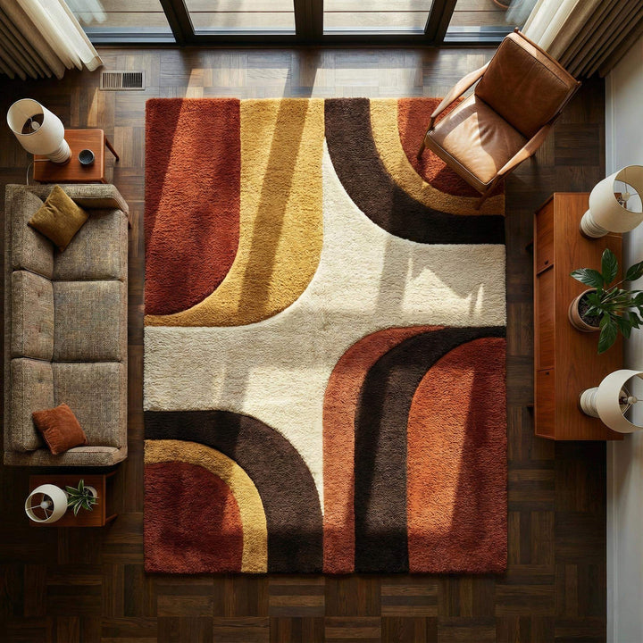 Translation missing: en.Mid Century Modern Rug with retro abstract geometric design in warm earthy tones and high-pile wool texture