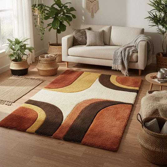 Translation missing: en.Modern abstract living room rug in burnt orange mustard and cream, plush shag texture with mid century design
