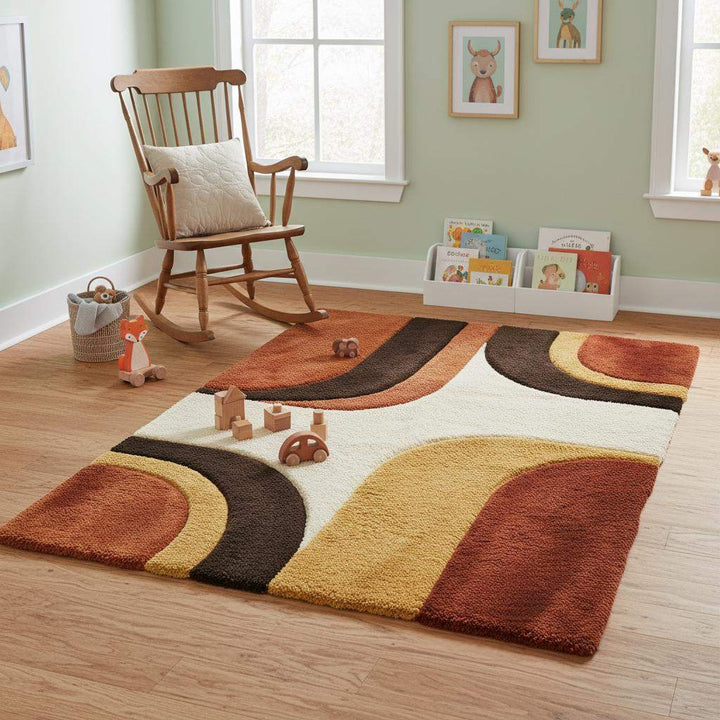 Translation missing: en.Top view of retro mid century area rug with thick high pile, curved shapes and vintage color palette
