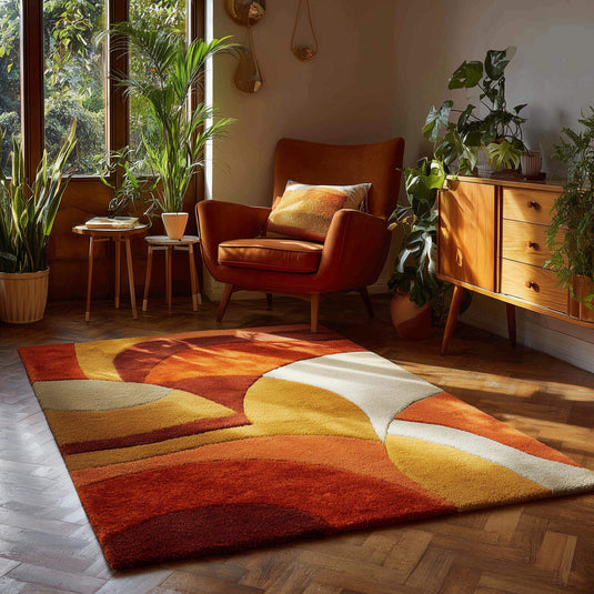 Translation missing: es.Mid Century Modern Rug with burnt orange, mustard, and cream geometric patterns, hand-tufted high-pile texture for cozy living room decor