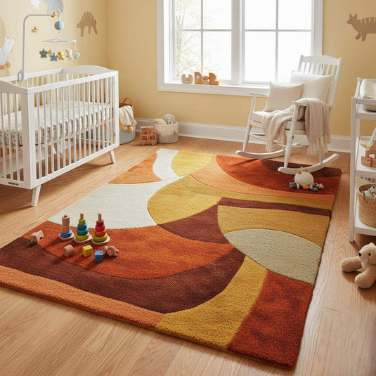 Translation missing: es.Burnt orange geometric area rug on parquet floor beside orange armchair and wooden mid-century dresser, styled with houseplants