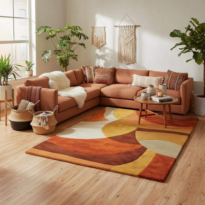 Translation missing: en.Mid Century Modern Rug — Retro Geometric Area Rug, Hand-Tufted High-Pile Wool Look — Burnt Orange Mustard Living Room Accent Carpet