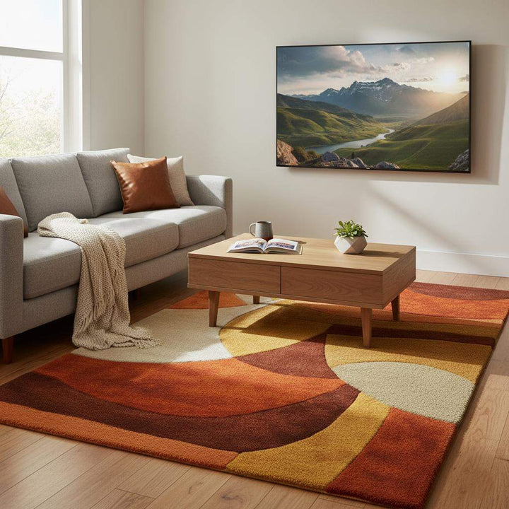 Translation missing: en.Mid Century Modern Rug — Retro Geometric Area Rug, Hand-Tufted High-Pile Wool Look — Burnt Orange Mustard Living Room Accent Carpet