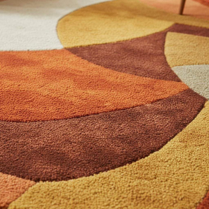 Translation missing: en.Close view of sculpted high-pile retro rug with abstract curved shapes — mustard, cream, rust tones for mid-century decor